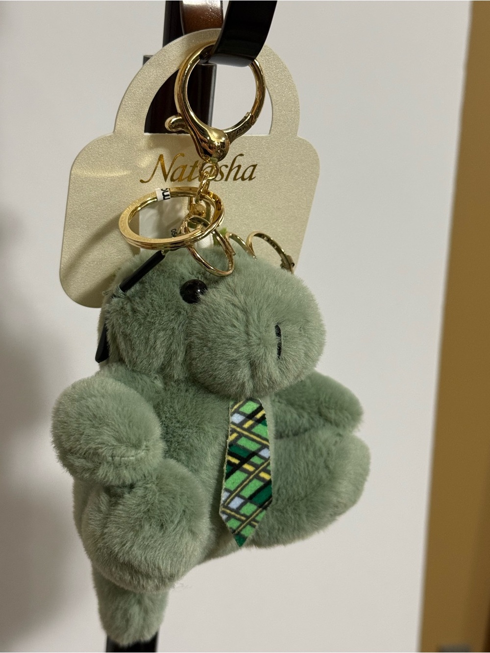 Plush Green Scholarly Dinosaur Glasses & Plaid Tie Handbag Charm/Key Ring - New